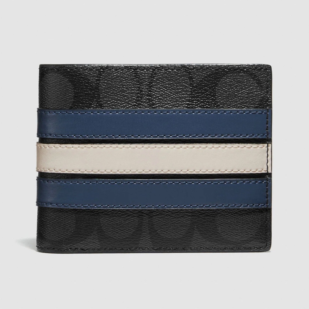 NEW Coach 3 in 1 Men Wallet Signature Canvas Varsity Stripe CW385 Denim/Charcoal